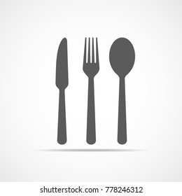 Knife, fork and spoon icon in flat design. Vector illustration. Gray restaurant symbol.