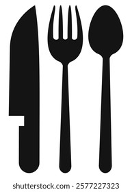 Knife, fork and spoon icon isolated on white background.