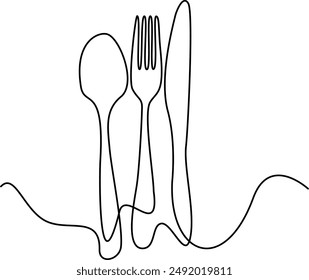 Knife and fork, spoon icon. One line continuous drawing. Hand drawn. Editable stroke. Perfect for Cooking, kitchen and table banner, logo, outline print, graphic design, banner, card, brochure, poster