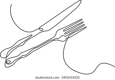 Knife and fork, spoon icon. One line continuous drawing. Hand drawn. Editable stroke. Perfect for Cooking, kitchen and table banner, logo, outline print, graphic design, banner, card, brochure, poster