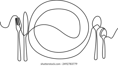 Knife and fork, spoon icon. One line continuous drawing. Hand drawn. Editable stroke. Perfect for Cooking, kitchen and table banner, logo, outline print, graphic design, banner, card, brochure, poster