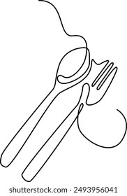 Knife and fork, spoon icon. One line continuous drawing. Hand drawn. Editable stroke. Perfect for Cooking, kitchen and table banner, logo, outline print, graphic design, banner, card, brochure, poster