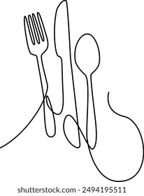 Knife and fork, spoon icon. One line continuous drawing. Hand drawn. Editable stroke. Perfect for Cooking, kitchen and table banner, logo, outline print, graphic design, banner, card, brochure, poster