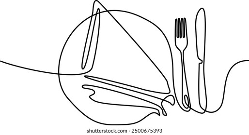 Knife and fork, spoon icon. One line continuous drawing. Hand drawn. Editable stroke. Perfect for Cooking, kitchen and table banner, logo, outline print, graphic design, banner, card, brochure, poster