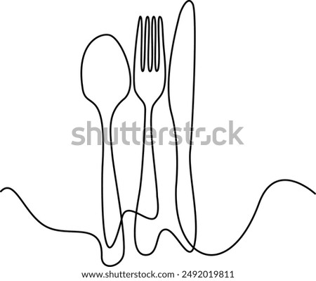 Knife and fork, spoon icon. One line continuous drawing. Hand drawn. Editable stroke. Perfect for Cooking, kitchen and table banner, logo, outline print, graphic design, banner, card, brochure, poster