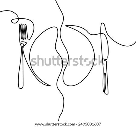 Knife and fork, spoon icon. One line continuous drawing. Hand drawn. Editable stroke. Perfect for Cooking, kitchen and table banner, logo, outline print, graphic design, banner, card, brochure, poster