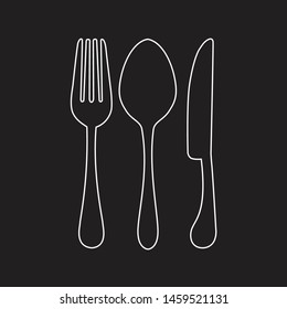Knife, fork and spoon icon outline style, black background, vector icon illustration