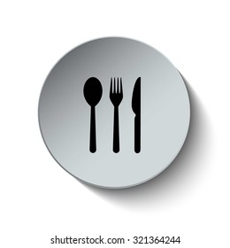 Knife, fork and spoon icon. Rounded button. Vector Illustration. EPS10