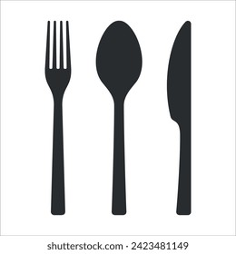 Cuchillo, tenedor y cuchara aislados en un fondo blanco. La silueta negra del juego de cubiertos.