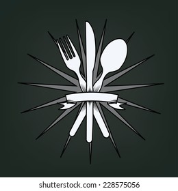knife, fork and spoon with label 