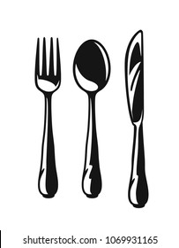 Knife, fork and spoon for menu design. Vector silhouette