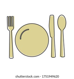 Knife, fork, spoon and plate. Cutlery. Table setting cartoon style on white isolated background.