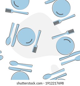 Knife, fork, spoon and plate. Cutlery. Table setting cartoon style on seamless pattern on a white background.
