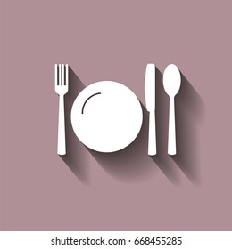 Knife, fork, spoon and plate. Cutlery. Table setting. Vector icon  with shadow