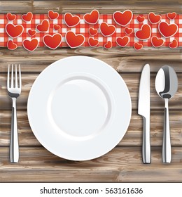 Knife, fork, spoon and plate with, red hearts, red checked table cloth on the wooden background. Eps 10 vector file.