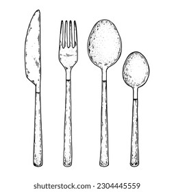 Knife, fork, spoon sketch. Hand drawn vector illustration. Kitchen utensils. Cutlery set. Collection of hand drawn sketches. Design elements. 