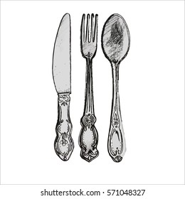 Knife, fork and spoon sketch. Hand drawn cutlery.