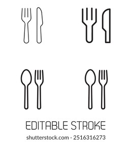 Knife fork and spoon tools set line icon vector illustration. Cook eat Icon Design on white background. Food eating editable stroke thin kitchenware tableware cut sharp serving dinner table cutlery.