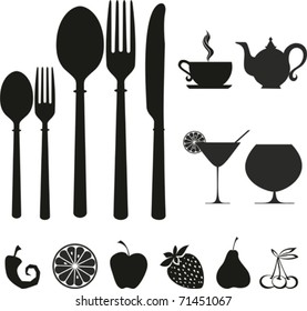 knife, fork, spoon and wineglass.  Isolated on White Background. Silhouette. Vector illustration.