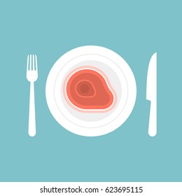 Knife and fork with steak in plate for dinning and restaurant sign icon, flat design