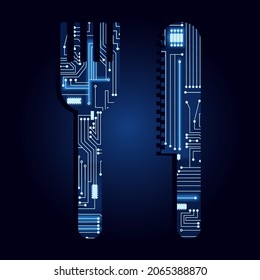 Knife and Fork symbol with a technological electronics circuit. Blue background.