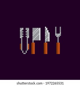 Knife, fork, tongs. Barbecue staff. Pixel icon. Pixel art. Old school computer graphic. 8 bit video game. Game assets 8-bit.