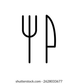 A knife and a fork vector black outline icon. Can be used for any platform action promotion and ad. Isolated symbol sign used for: mobile, app, design, web, dev, ui, ux, gui. EPS 10. For your design.