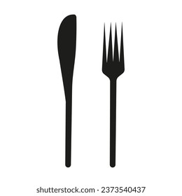 Knife and fork vector icons. Restaurant food symbol in black solid flat design. Signs isolated on a white background. Dinner sign template. Simple graphics symbols.
