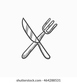 Knife and fork vector sketch icon isolated on background. Hand drawn Knife and fork icon. Knife and fork sketch icon for infographic, website or app.