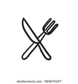Knife and fork vector sketch icon isolated on background. Hand drawn Knife and fork icon. Knife and fork sketch icon for infographic, website or app.