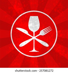 knife, fork and wineglass cross each other - clean perfect shapes on red background with rays and removable grunge texture