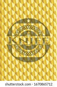 Knife gold shiny badge. Scales pattern. Vector Illustration. Detailed.