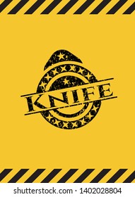 Knife grunge black emblem with yellow background, warning sign. Vector Illustration. Detailed.