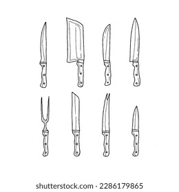 conjunto de vectores de ilustraciones de doodle de la mano de un cuchillo
