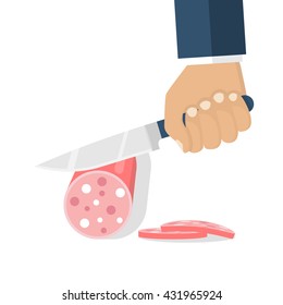 Knife in hands of men sliced sausage. Prepare snacks. Worker in kitchen slicing food. Cut sausage. Slices of sausage. Butcher, cook. Cooked appetizer. Vector illustration flat design.