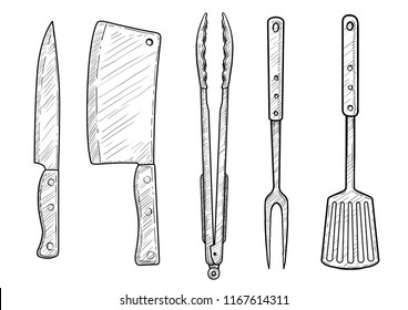 Knife, hatchet, spatula, fork, forceps, illustration, drawing, engraving, ink, line art, vector