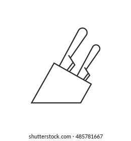 Knife holder icon in thin outline style. Wooden block kitchen set chef tools