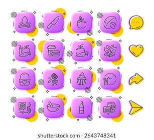 Knife, Ice cream and Leaf line icons. App 3d buttons. Social media comment, share, like icons. Pack of Wine bottle, Soy nut, Eco food icon. Food time, Water splash, Apple carrot pictogram. Vector