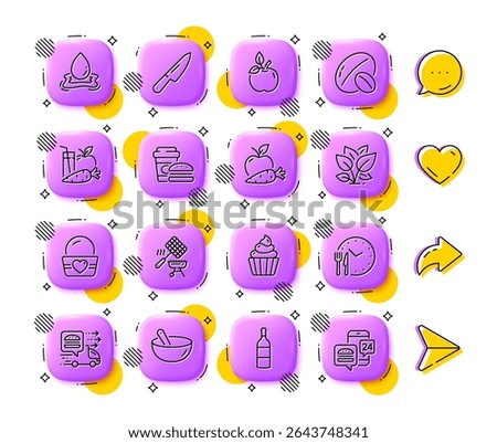 Knife, Ice cream and Leaf line icons. App 3d buttons. Social media comment, share, like icons. Pack of Wine bottle, Soy nut, Eco food icon. Food time, Water splash, Apple carrot pictogram. Vector