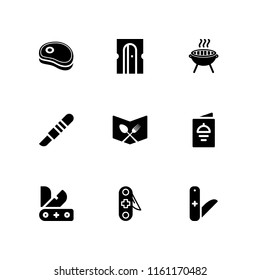 knife icon. 9 knife set with swiss army knife, meat, scalpel and knives vector icons for web and mobile app
