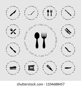 Knife icon. collection of 13 knife filled icons such as spoon and fork, scalpel, sawing, cutter. editable knife icons for web and mobile.