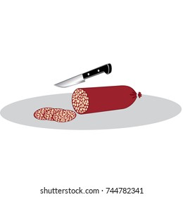knife icon cuts the slice sausage. isolated vector illustration without people.