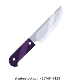 Knife icon isolated on white background. Knife vector in cartoon style with purple handle and shiny blade. Basic kitchen knife in trendy style. Suitable design for cooking, kitchen tool, cutting tool.