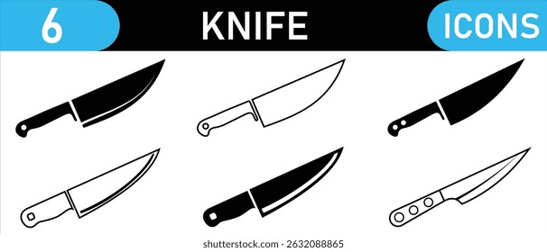 Messersymbol. Küchenmesser Symbol, Vektor und Umriss. Vektorsymbole. Illustration Camp-Messer. Jagdmesser schwarzes Symbol und schwarzer Umriss.