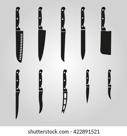 The Knife Icon, Set Of 10 Icons. Knife And Chef, Kitchen Symbol.UI. Web. Logo. Sign. Flat Design. App. Stock Vector