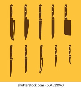 The knife icon, set of 10 icons. Knife and chef, kitchen symbol.UI. Web. Logo. Sign. Flat design. App. Stock vector