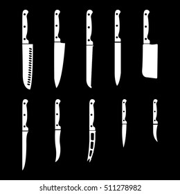 The knife icon, set of 10 icons. Knife and chef, kitchen symbol.UI. Web. Logo. Sign. Flat design. App. Stock vector