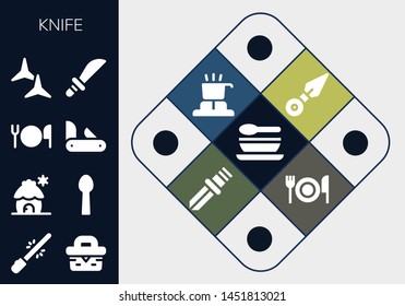 knife icon set. 13 filled knife icons.  Collection Of - Soup, Saber, Picnic, Cabin, Spoon, Cutlery, Penknife, Shuriken, Weapons, Kunai, Cooker, Knife, Fork