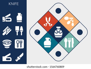 knife icon set. 13 filled knife icons.  Simple modern icons about  - Canteen, Stapler, Knife, Soup, Restaurant, Cutting board, Utensils, Spoons, Sabers, Cutlery