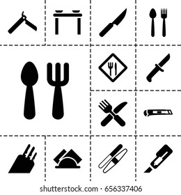 Knife icon. set of 13 filled knifeicons such as fork and spoon, bllade razor, sawing, cutter, fork and knife, napkin